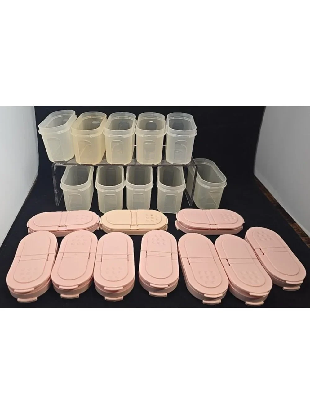 Vtg USA 10 Tupperware Spice Containers Kitschy Small Clear 1843 & Pink lids 1844